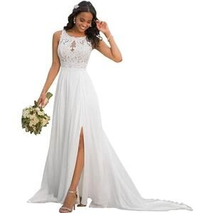 Women's Lace Beach Wedding Dress Long Simple Boho Slit Chiffon A-line